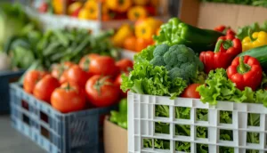 Some plastic baskets full of vegetables grown in farms ready to be delivered to beneficiaries of the Emergency Food Assistance Program (TEFAP).